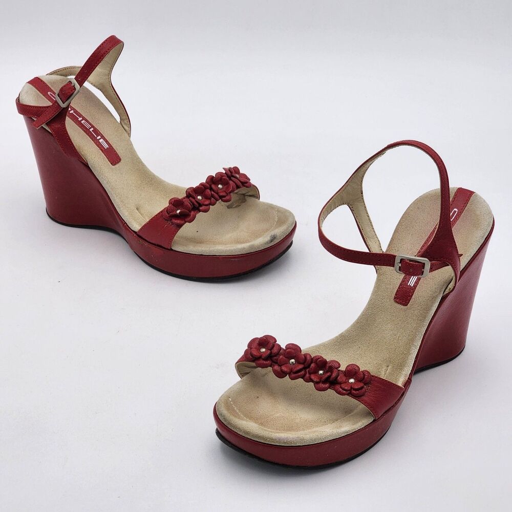 Ophelie Y2K 90s Flower Leather Platform Wedge Heel Sandals Red Size 38 EU RARE